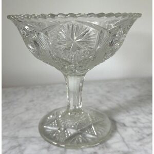 Vintage Clear Pressed Glass Footed Compote Bowl 6.5" Starburst Scalloped Rim